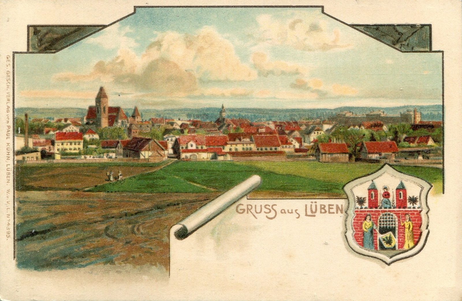 Pocztówka z napisem Gruss aus Lueben z panoramą miasta i herbem, wydana przed 1945 rokiem